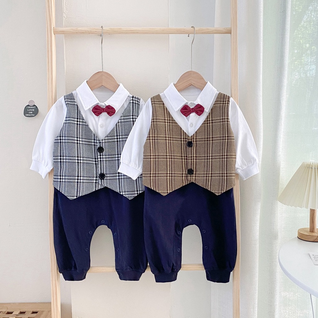 Bộ áo liền quần Sanlutoz từ vải cotton tay dài in họa tiết caro thời trang cho bé trai sơ sinh