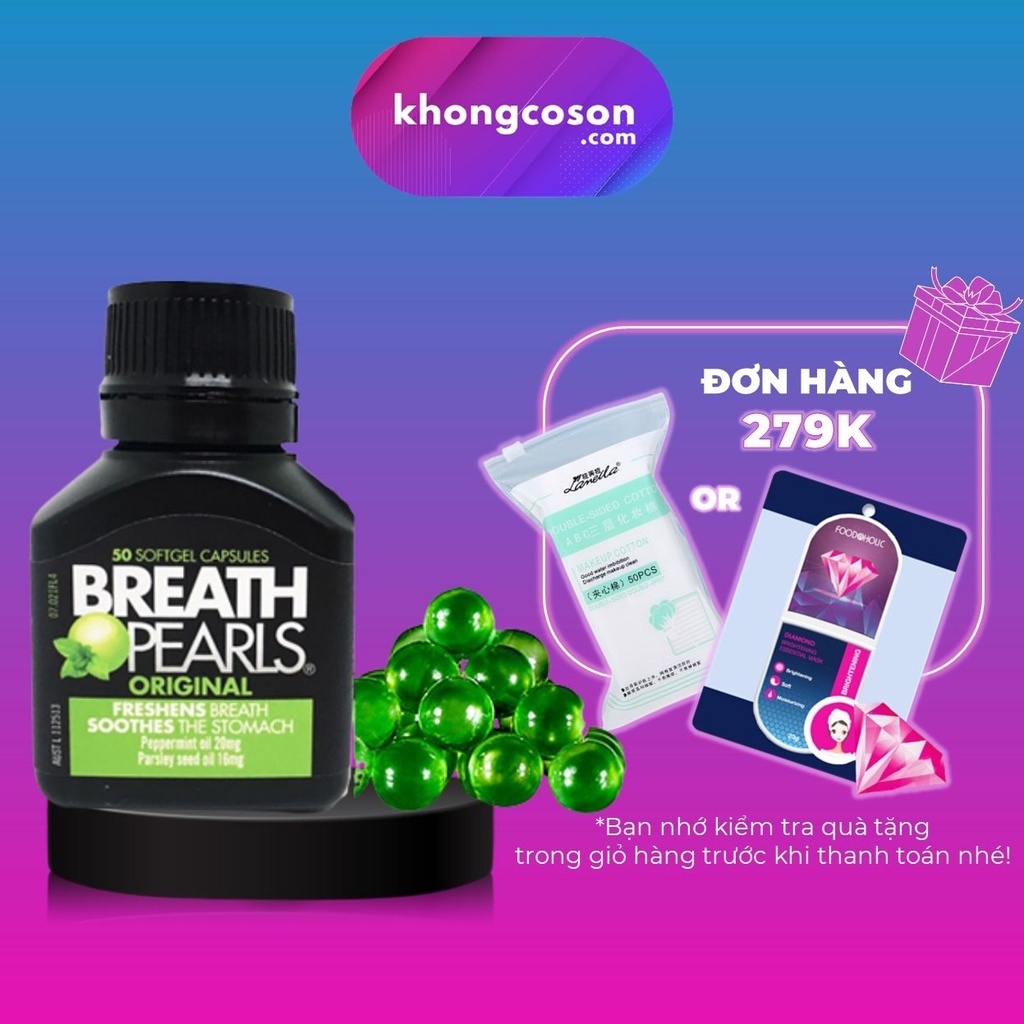 Viên Uống Thơm Miệng Breath Pearls Úc 50 Viên Bạc Hà Khử Hôi Miệng Khử Mùi Trắng Răng Hơi Thở Thơm Mát - Khongcoson