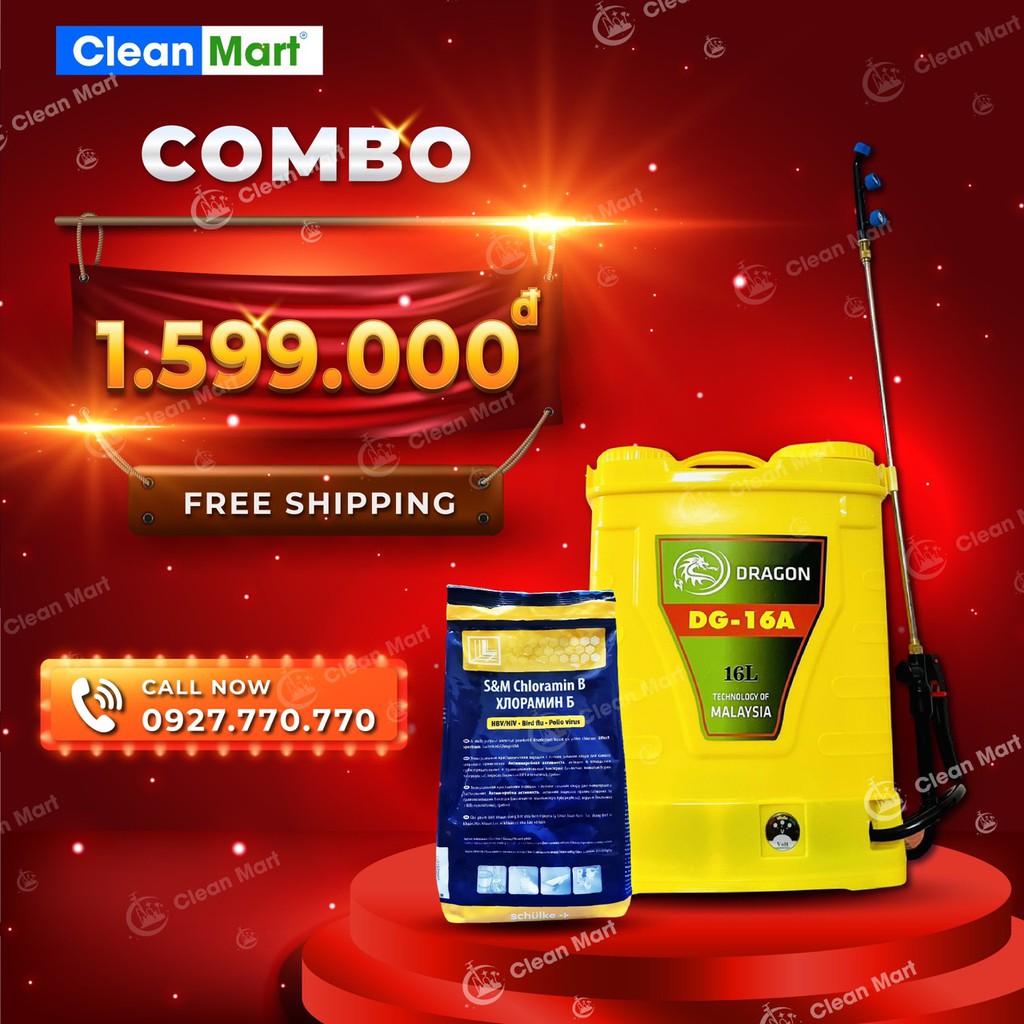 Combo Bình xịt điện DRAGON 16 lít DG-16A, Clomin B, Thuốc Khử Khuẩn Cloramin B