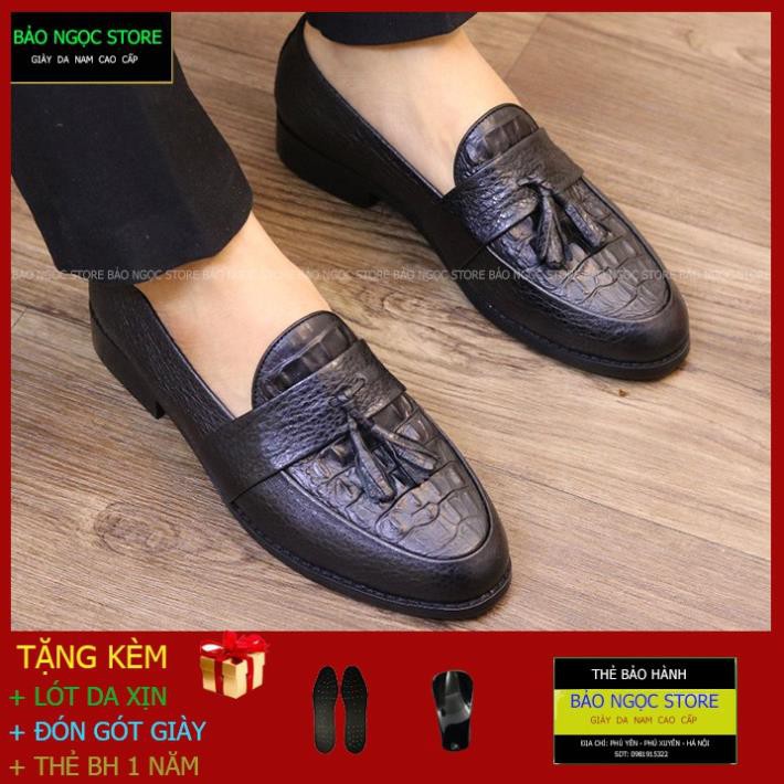 Giày Lười Nam Dập Vân Cá Sấu Băng Chuông Thời Trang✅ Giầy Da Nam Da Bò 100% 💥 Đế Cao Su Cao 3cm ✅ Mã K12 Đen