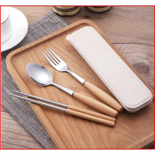 Bộ thìa đũa Inox cán gỗ tự nhiên kèm hộp đựng lúa mạch 3.1,tiện lợi cho du lịch lái xe và công nhân viên