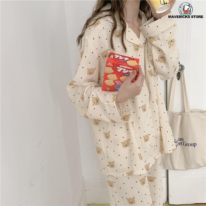 Bộ đồ ngủ tay dài in hình gấu đáng yêu