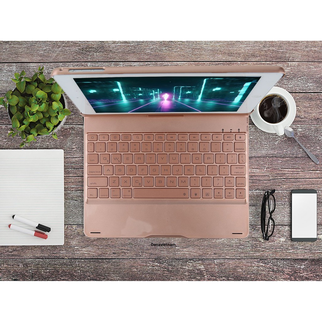 Bàn phím Bluetooth F180 xoay 360 độ cho iPad New 2017/iPad Pro 9.7/iPad Air/iPad Air 2 tặng đèn USB siêu sáng(Rose Gold)