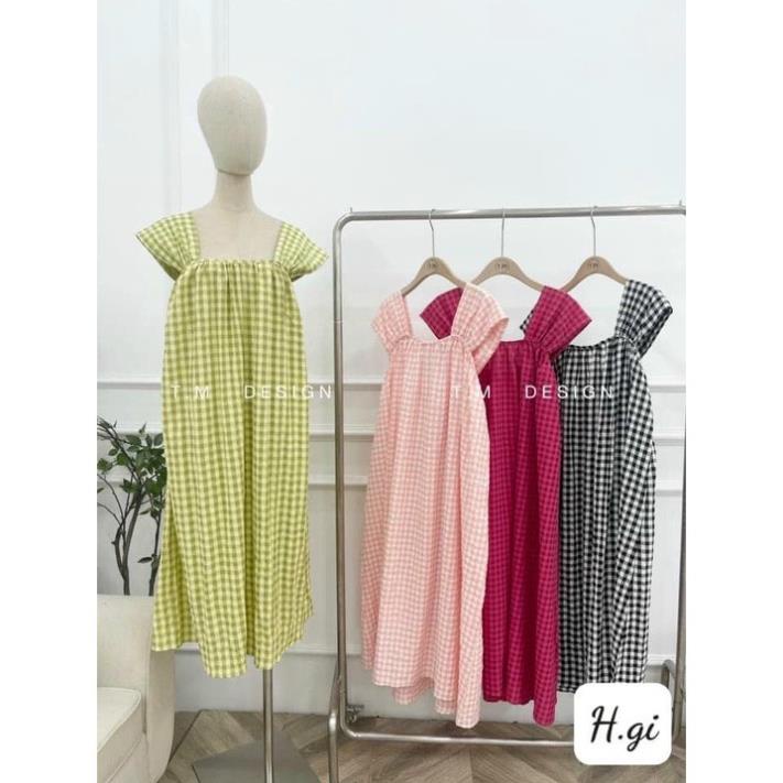 Váy bầu 2 dây bản to chất thô hàn xốp kẻ caro nhiều màu dáng xòe chun ngực dáng midi (Ảnh thật tự chụp)