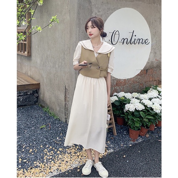 [Ảnh thật/Video] Váy babydoll cổ sen 2 lớp mix áo gile dáng ngắn phong cách vintage