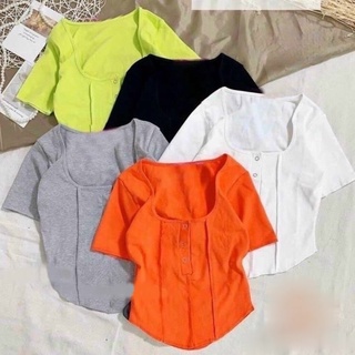 Áo kiểu nữ tay ngắn phối nút chạy viền chất vải thun Borip alohastore1