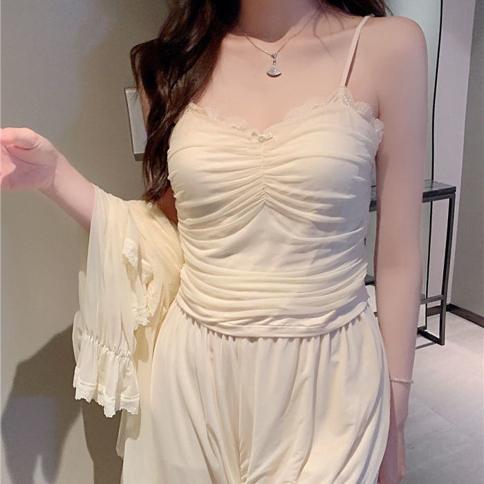 Bộ đồ ngủ ba món phối ren màu trơn thời trang xuân thu cho nữ (có bán lẻ)