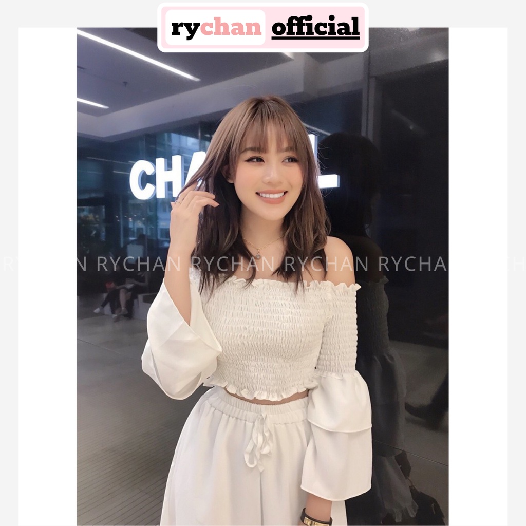SE753 - Set Áo Trễ Vai Nhún Và Quần Váy Trắng