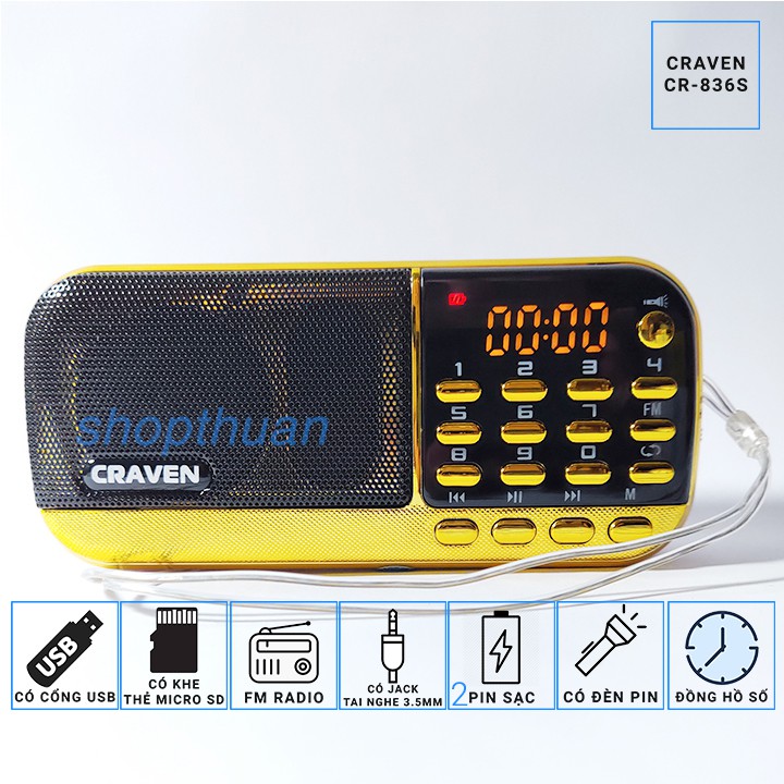 Loa thẻ nhớ Craven CR-836S - 2 Pin - Nghe Thẻ Nhớ, USB,FM Radio - Có Đèn Pin