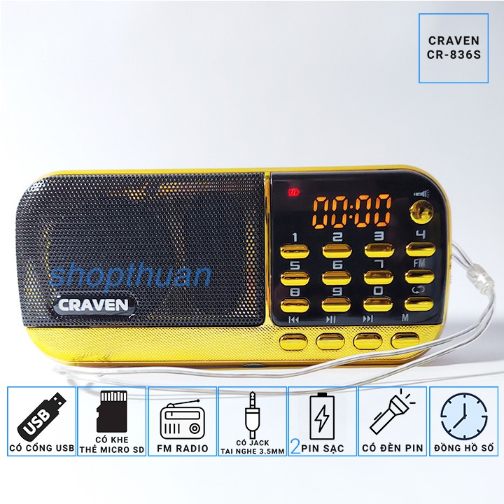 [Mã ELHACE giảm 4% đơn 300K] Loa thẻ nhớ Craven CR-836S - 2 Pin - Nghe Thẻ Nhớ, USB,FM Radio - Có Đèn Pin