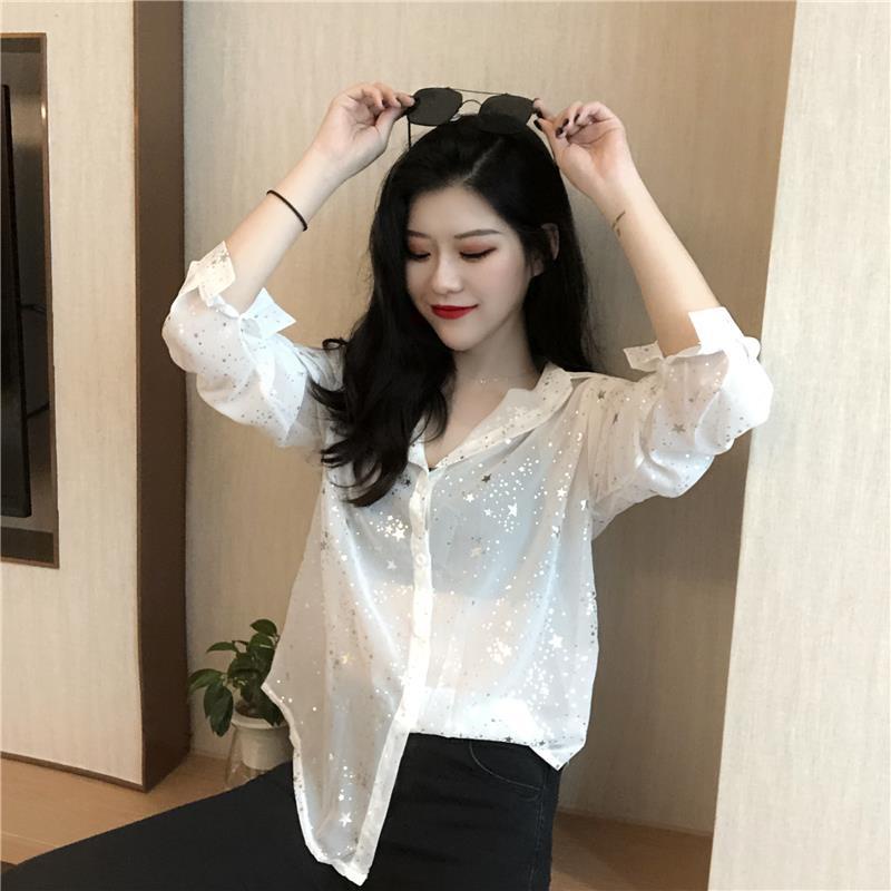 Áo Sơ Mi Chiffon Lụa Đính Kim Sa Lấp Lánh Dài Tay Thời Trang Mới Cho Nữ
