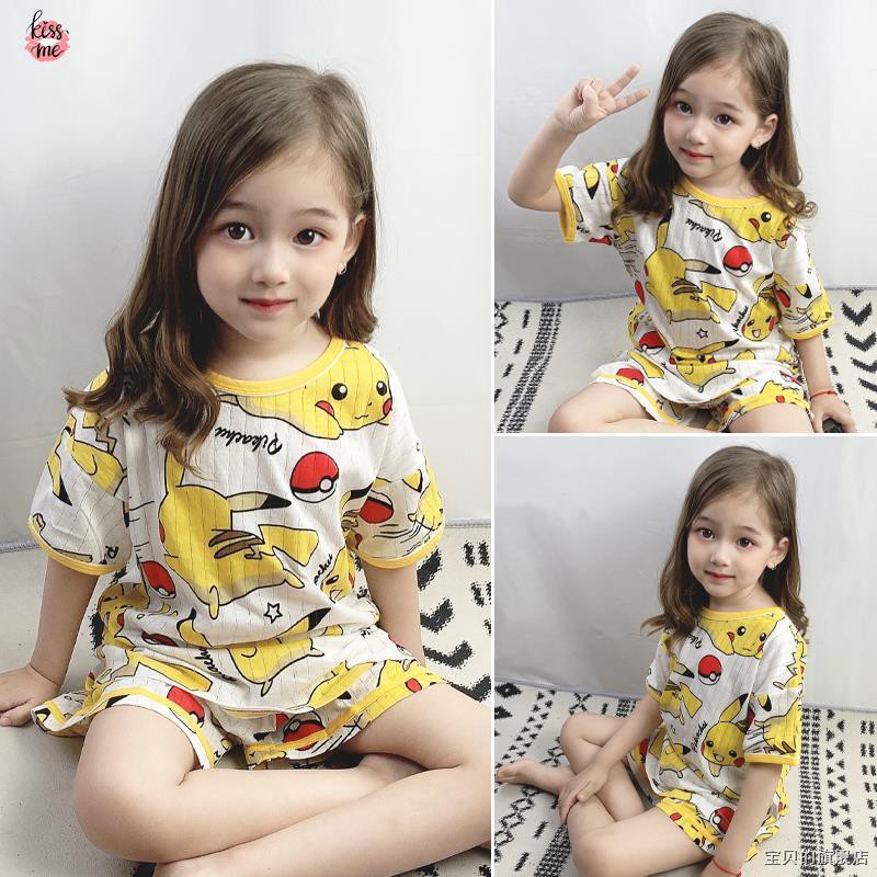 Bộ Đồ Mặc Nhà Vải Cotton Mỏng Tay Ngắn In Hình Pikachu Thời Trang Mùa Hè Cho Bé