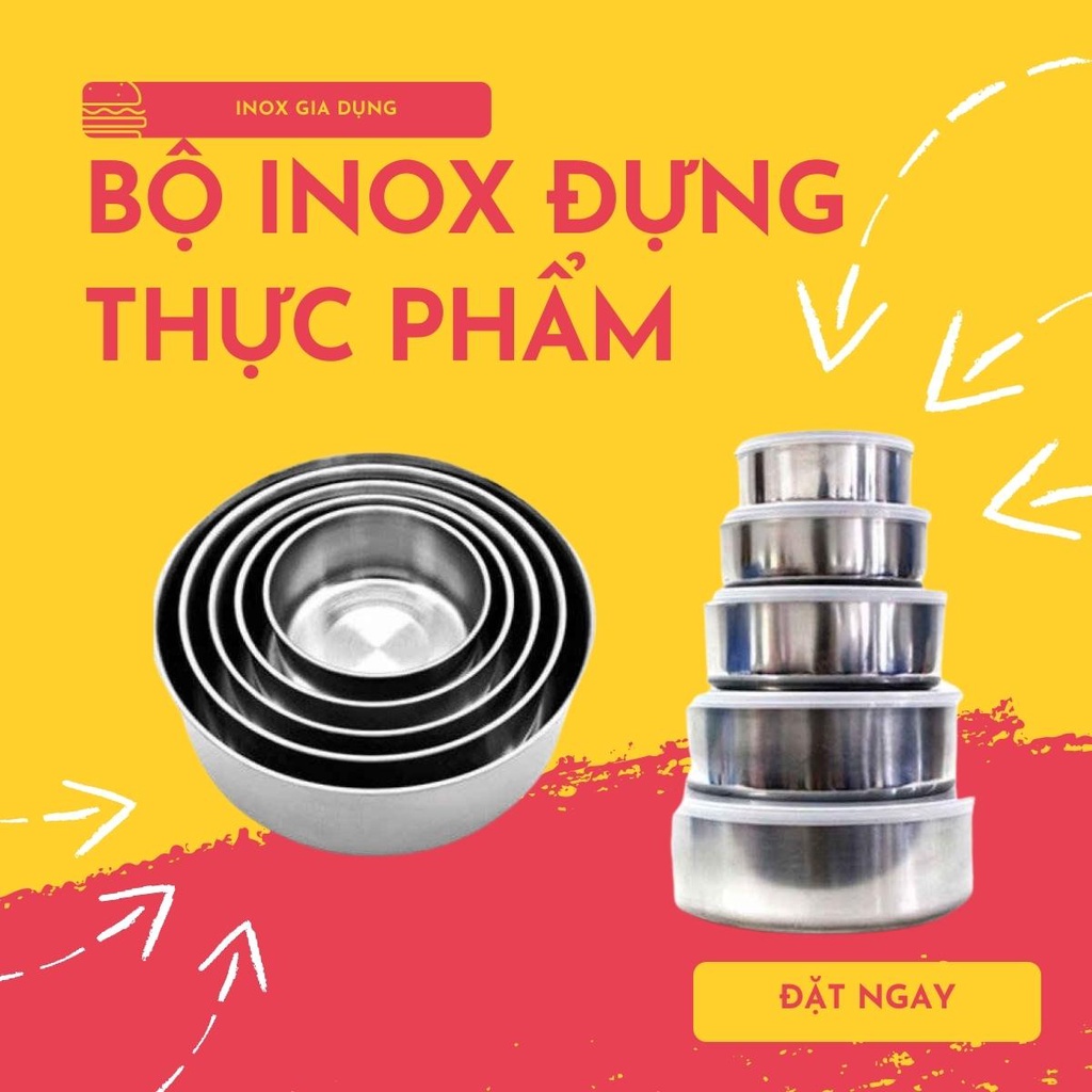 Bộ thố lạnh inox đựng thực phẩm cao cấp gồm 5 chiếc - Hộp Lạnh inox Cao Cấp Không Quai Đầy Đủ Kích Thước