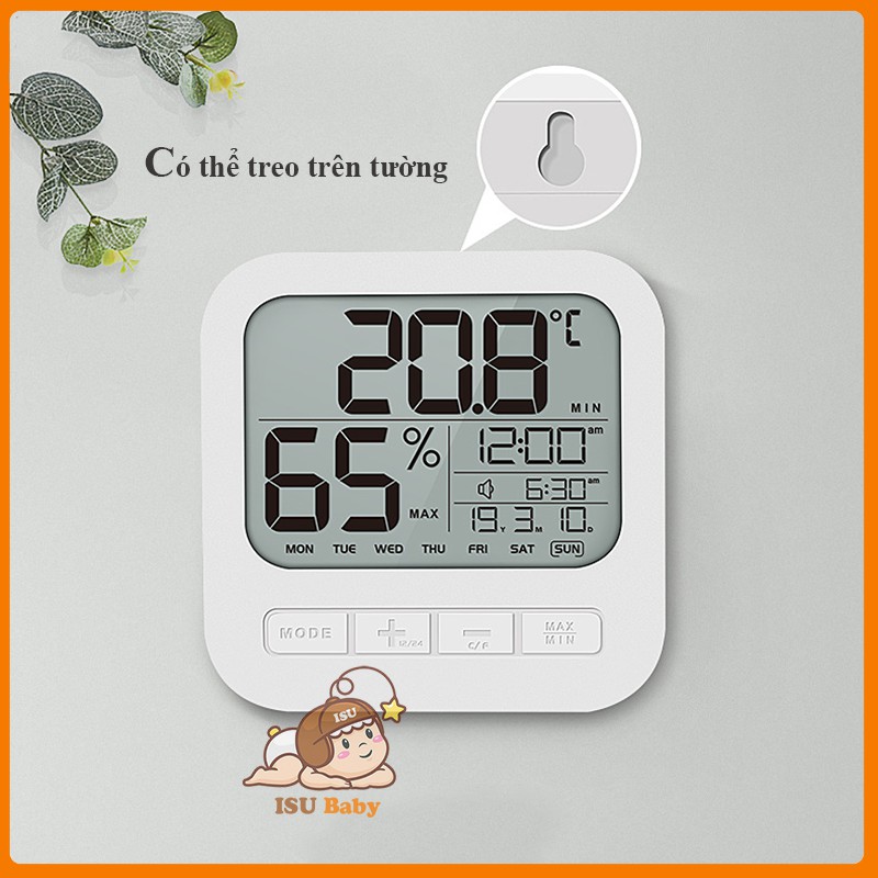 Nhiệt ẩm kế điện tử có đồng hồ báo thức, đo nhiệt độ và độ ẩm trong phòng giúp bé ngủ ngon, sâu giấc - Shop Isu Baby