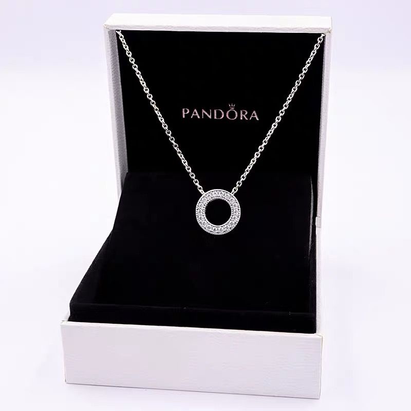 PANDORA Vòng cổ Bạc 925 Mặt Tròn Đính Đá Cz Thời Trang Cho Nữ