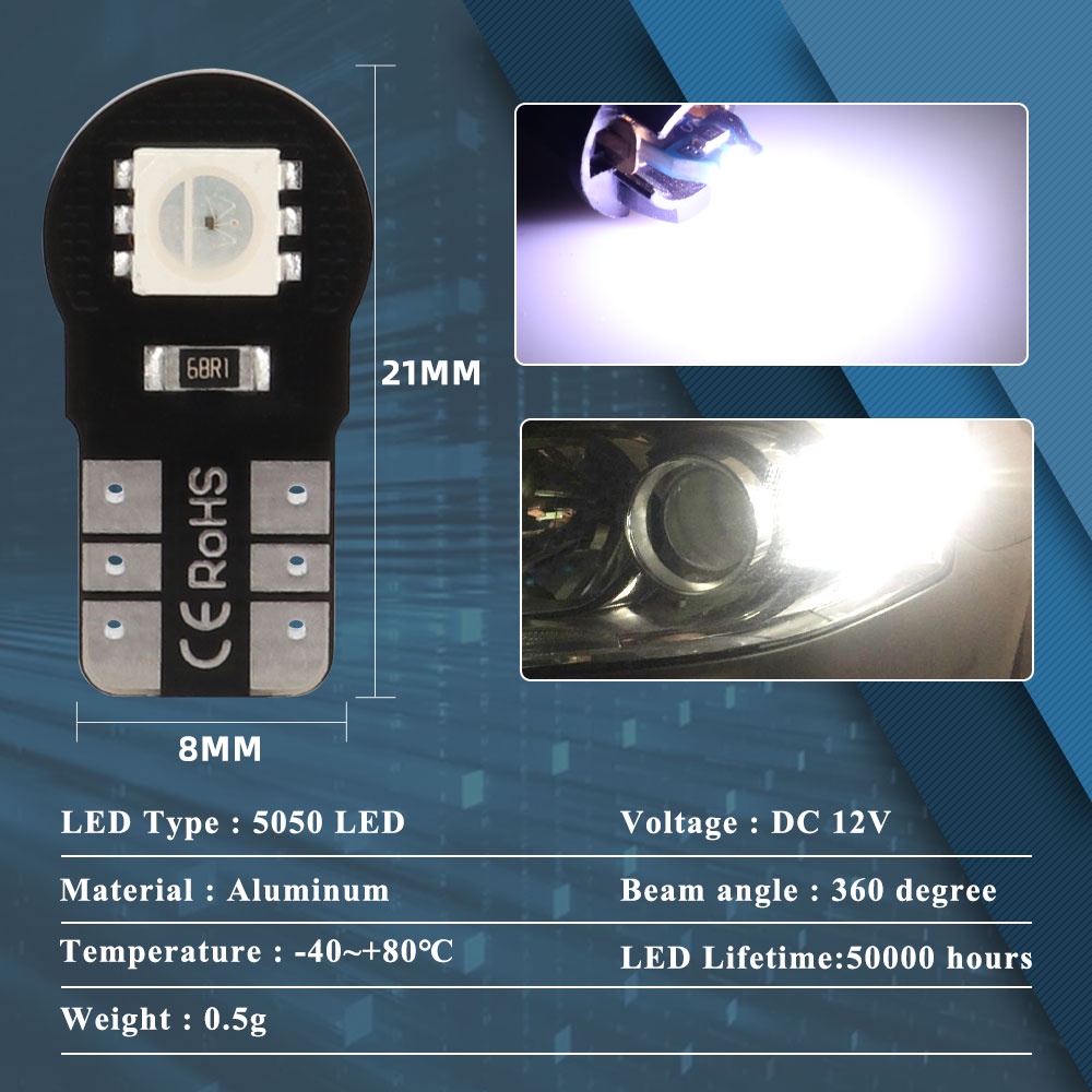 1 Đèn Led T10 W5W WY5W 5050 RGB 2SMD 168 194 Cho Xe Hơi