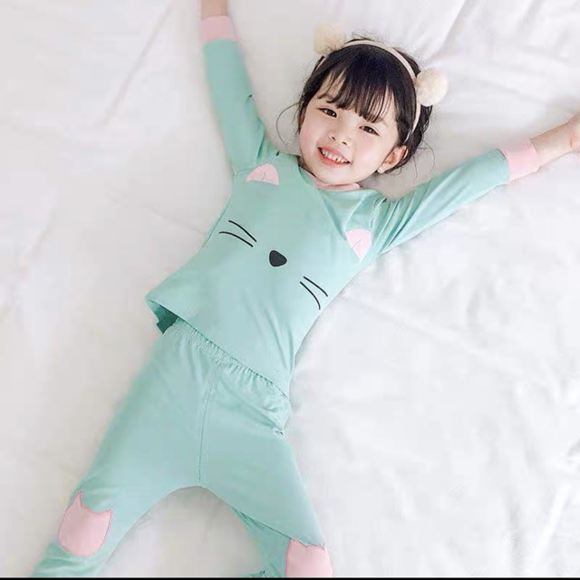 Bộ Quần Áo Dai Tay Cho Bé Gái Hình Mèo Chất Cotton