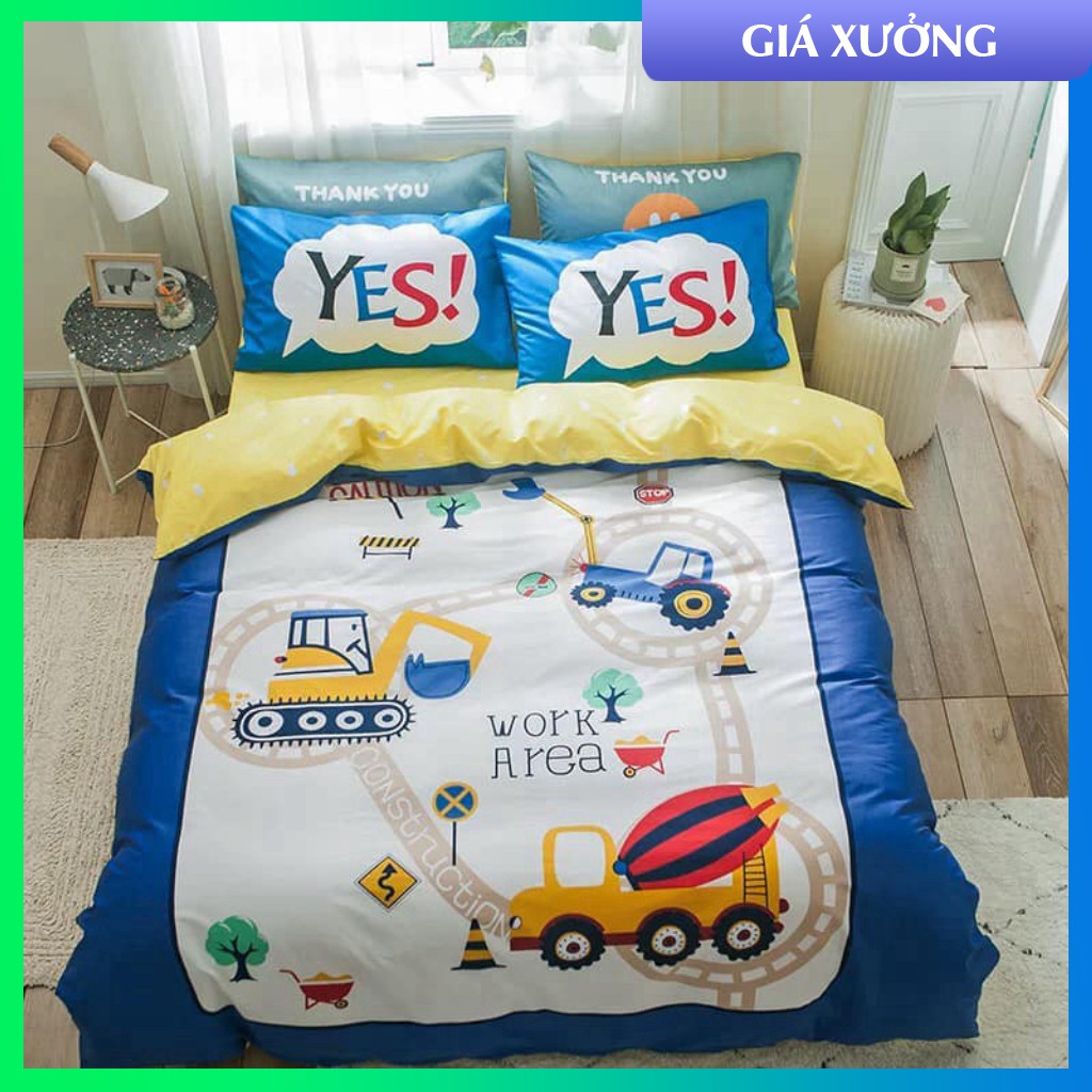 Bộ Chăn ga gối cotton 100% 3D trẻ em mát mềm không bí xuất khẩu MẪU MÁY XÚC