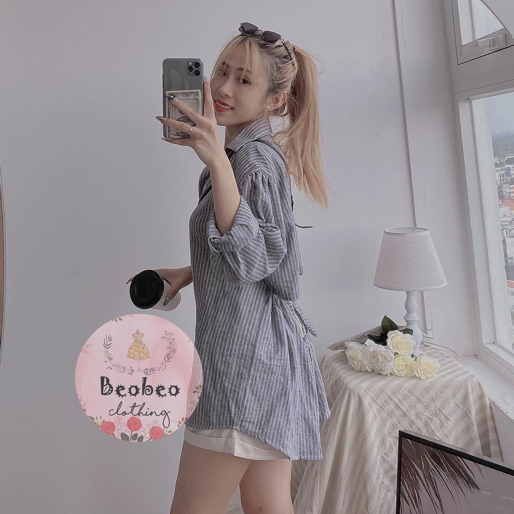 Áo sơ mi kẻ sọc rút dây cột nơ lưng ulzzang