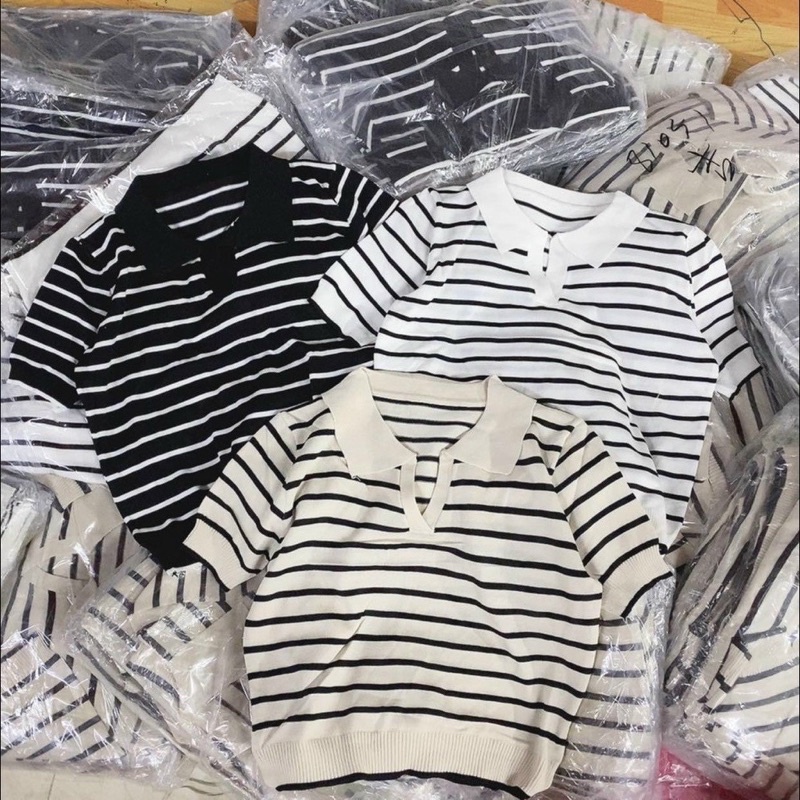 ÁO LEN KẺ CỔ ĐỨC TAY CỘC DÁNG ÔM VỪA MS10277