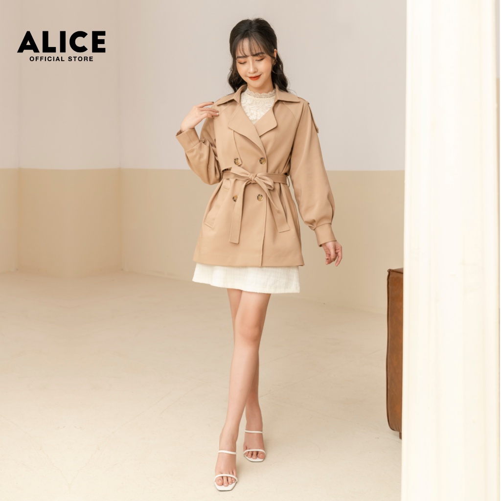 Áo Măng Tô Nữ Dáng Ngắn Kèm Đai ALICE Thiết Kế Tôn Dáng Chất Liệu Kaki Hàn Lót Lụa Cao Cấp V737