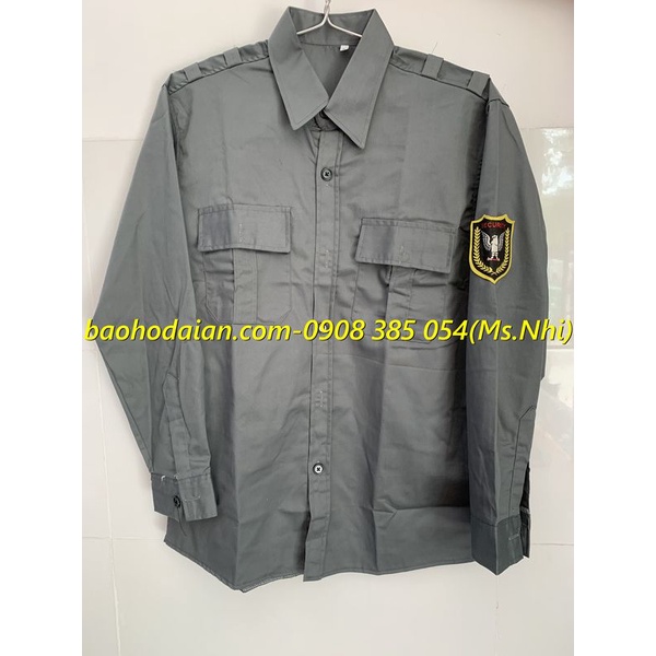 Áo bảo vệ tay dài màu xám kèm logo vải kaki 65/35 thấm hút mồ hôi