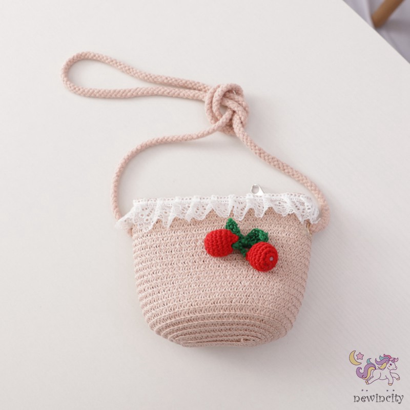 Mũ kèm túi đan rơm thiết kế đính quả cherry xinh xắn cho bé gái