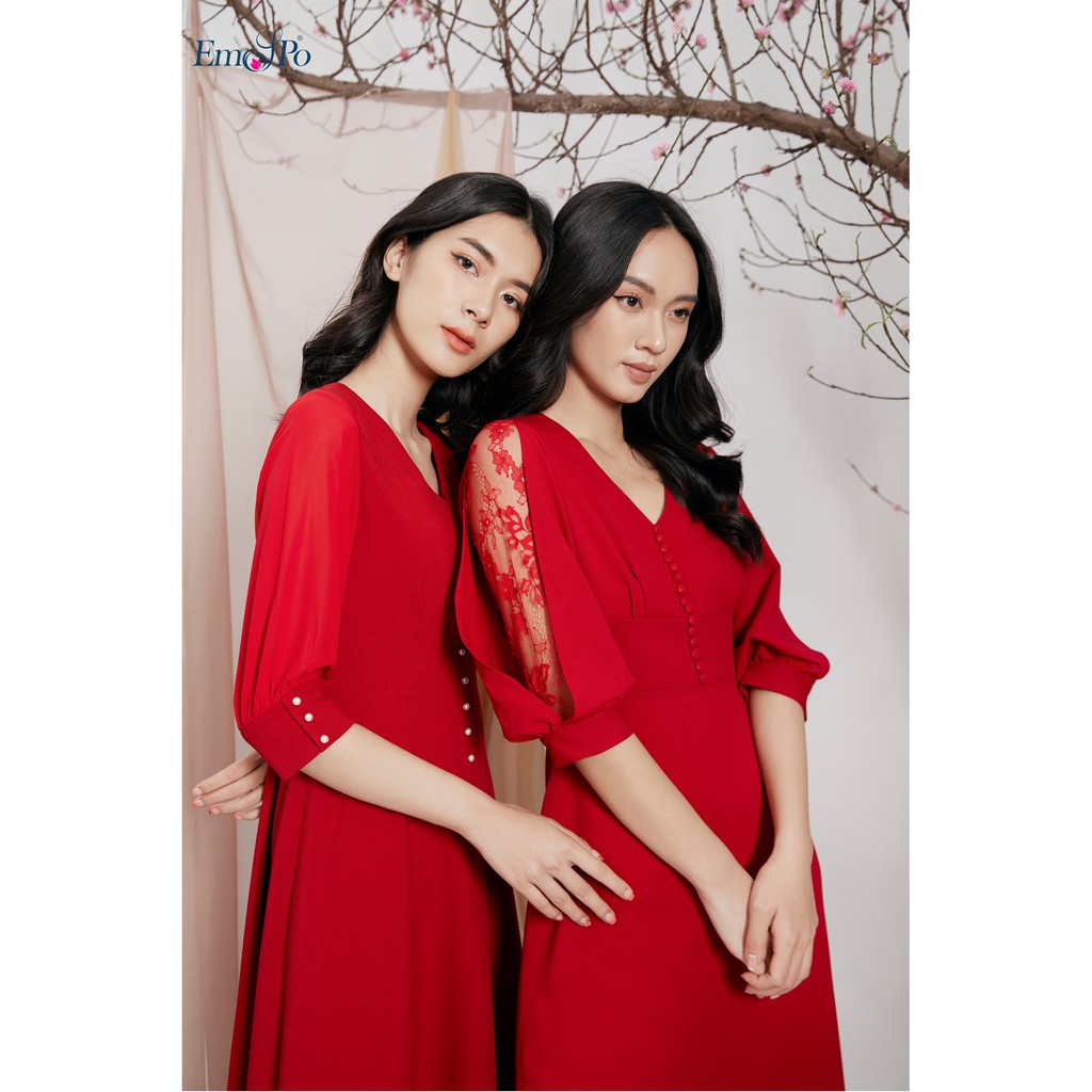 Đầm cổ V, tay bồng, dáng xòe DM3620 Emspo (Bên Phải) (Đen, Đỏ)