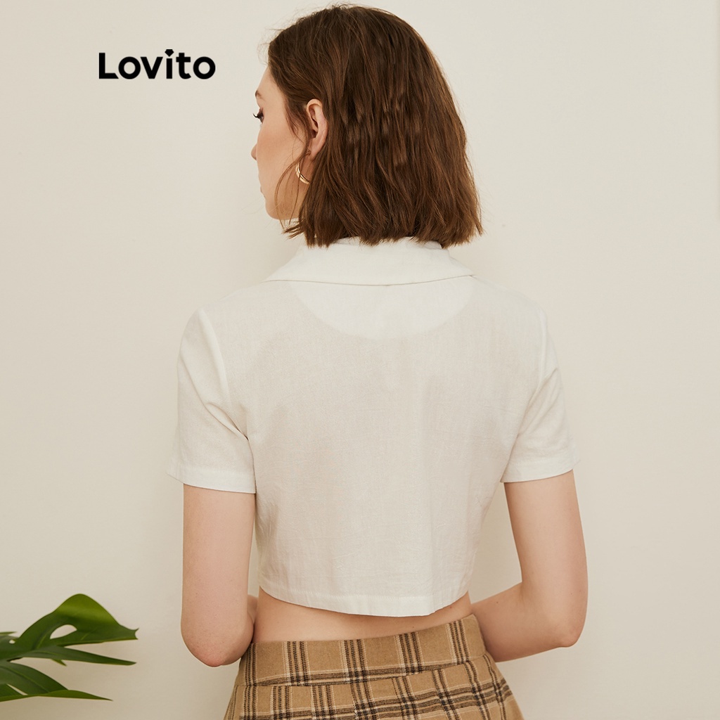 Áo Lovito ngắn tay dáng ngắn có túi có cổ màu trơn phong cách Preppy L19D015 (màu trắng)