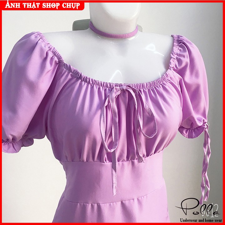 Đầm váy nữ dáng dài Polla P042, Váy đầm nữ đẹp ngắn tay thiết kế điệu đà có lơ, ôm ngực, kiểu dầm xòe
