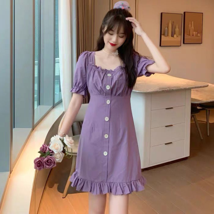 Women's skirt Korean Fashion Short Sleeve Pleated Square Neck Skirt