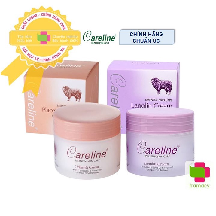 Kem dưỡng ẩm mỡ cừu (tím), nhau thai cừu (cam) Careline Lanolin/Placenta Cream, Úc (100ml) cho mọi lứa tuổi