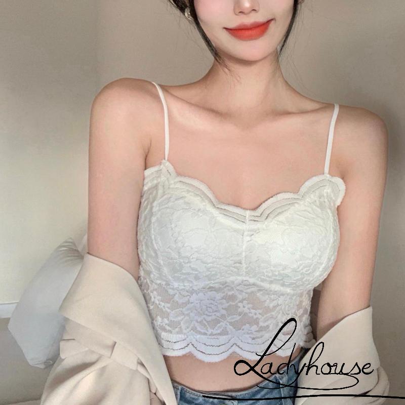 Áo Lót Bralette Hai Dây Có Mút Đệm Phối Ren Màu Trắng/Đen Dành Cho Nữ