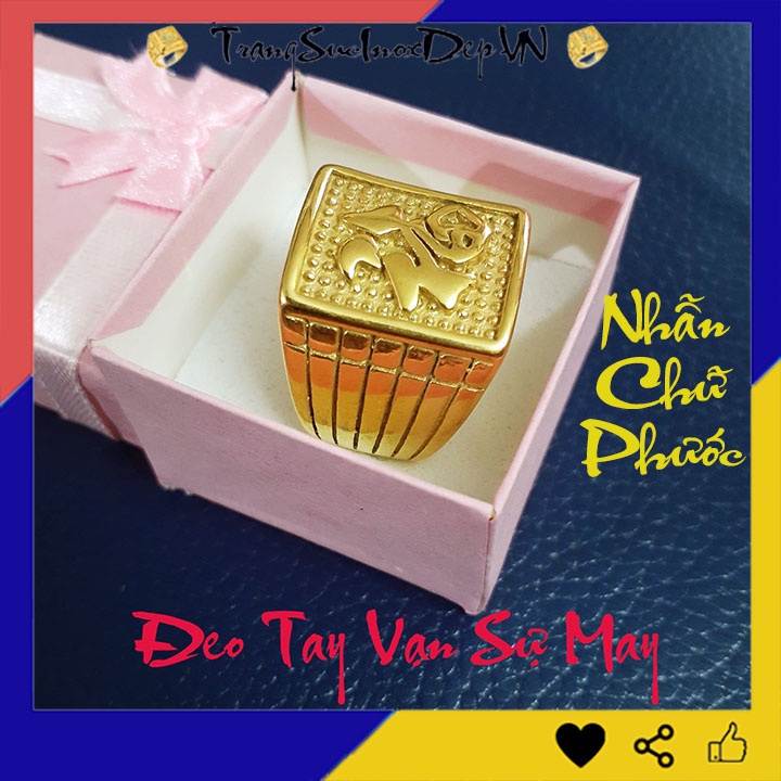 Nhẫn nam inox chữ phước màu vàng sáng đẹp, bền màu đem lại bình an, may mắn cho người đeo - Tặng hộp đựng xinh xắn