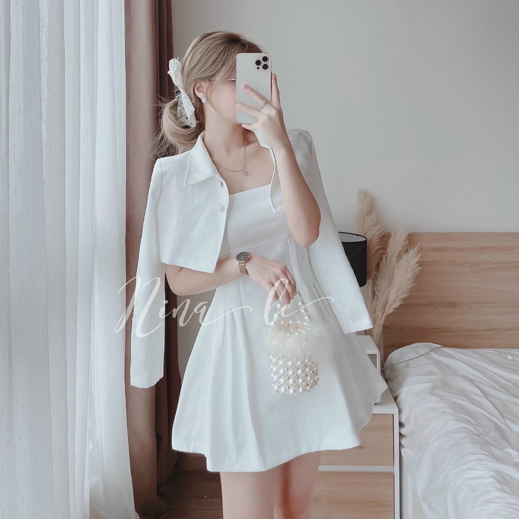 Set bộ đồ nữ aó khoác tay dài phối cùng váy dáng xòe hai dây xếp ly hông thời thượng