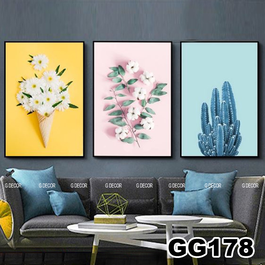 Tranh treo tường canvas khung gỗ 3 bức phong cách hiện đại Bắc Âu tranh hoa lá trang trí phòng khách phòng ngủ, spa 103