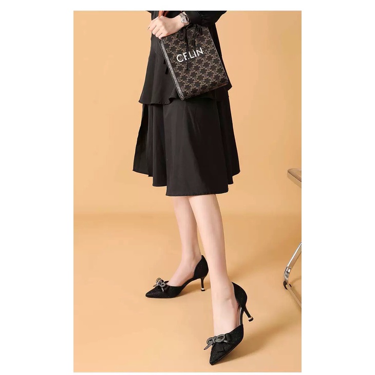 GIÀY CAO GÓT NỮ BEESHOES MŨI NHỌN - GIÀY CAO GÓT NỮ GÓT NHỌN CAO 7 PHÂN SẴN MÀU KEM - ĐEN 220556