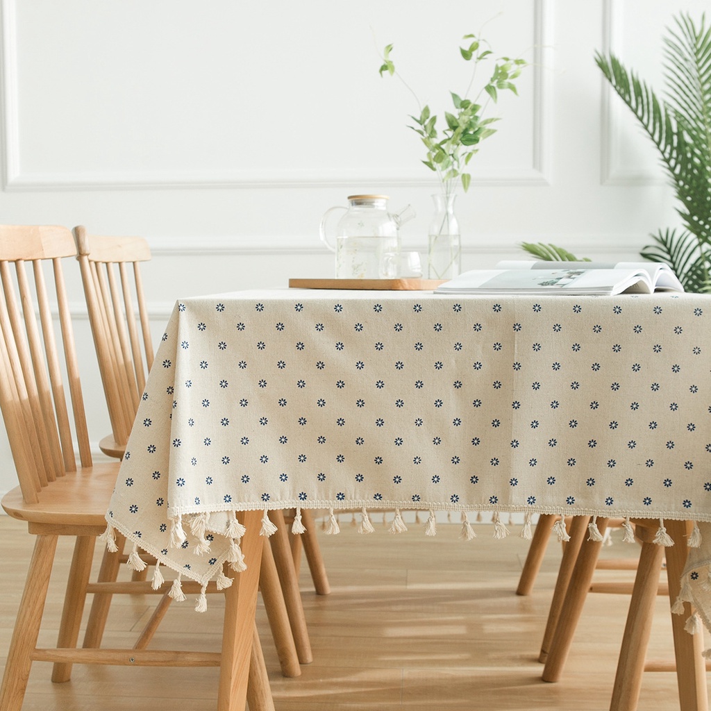 Khăn trải bàn vải lanh cotton phối ren tua rua chống bụi trang trí tiện dụng