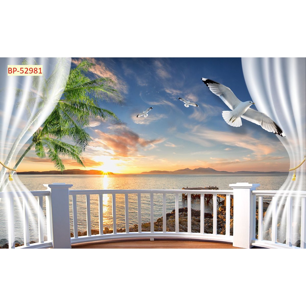 Tranh dán tường 3D khung cửa sổ thiên nhiên trong lành Vải Lụa 3D Cao Cấp