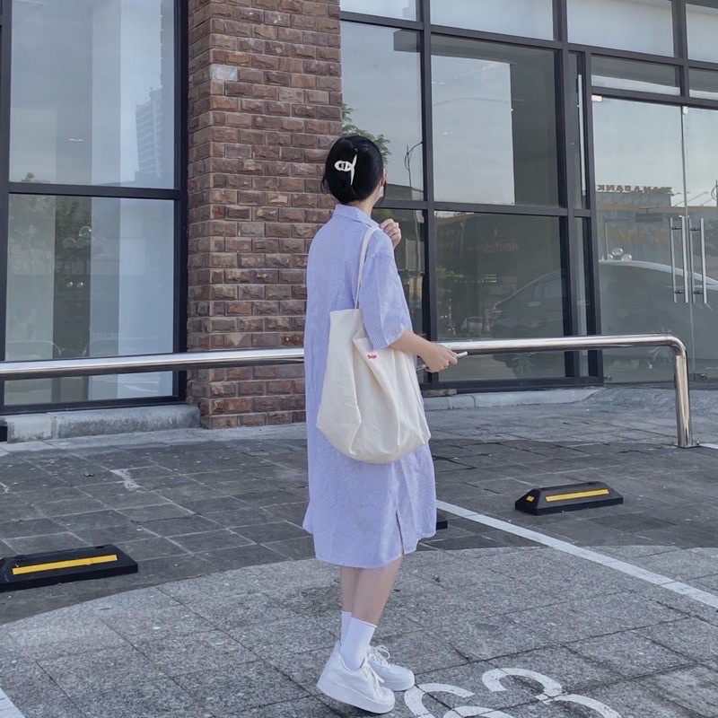 Đầm sơ mi nữ, váy sơ mi suông nữ kẻ ulzzang