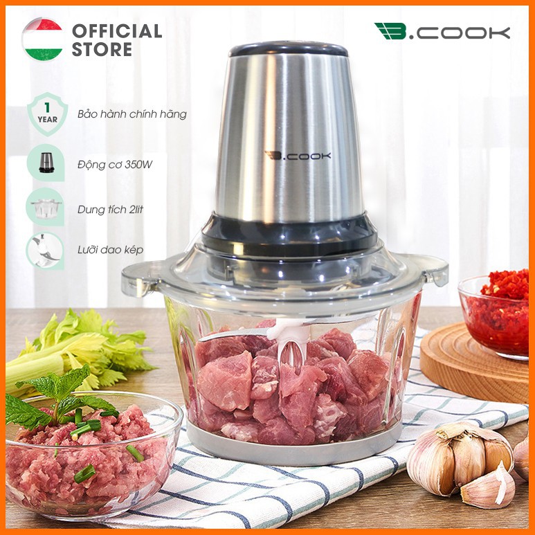 [Chính hãng BH 12 tháng] Máy xay thịt, xay hoa quả, lưỡi dao kép Bcook cối thuỷ tinh 2L