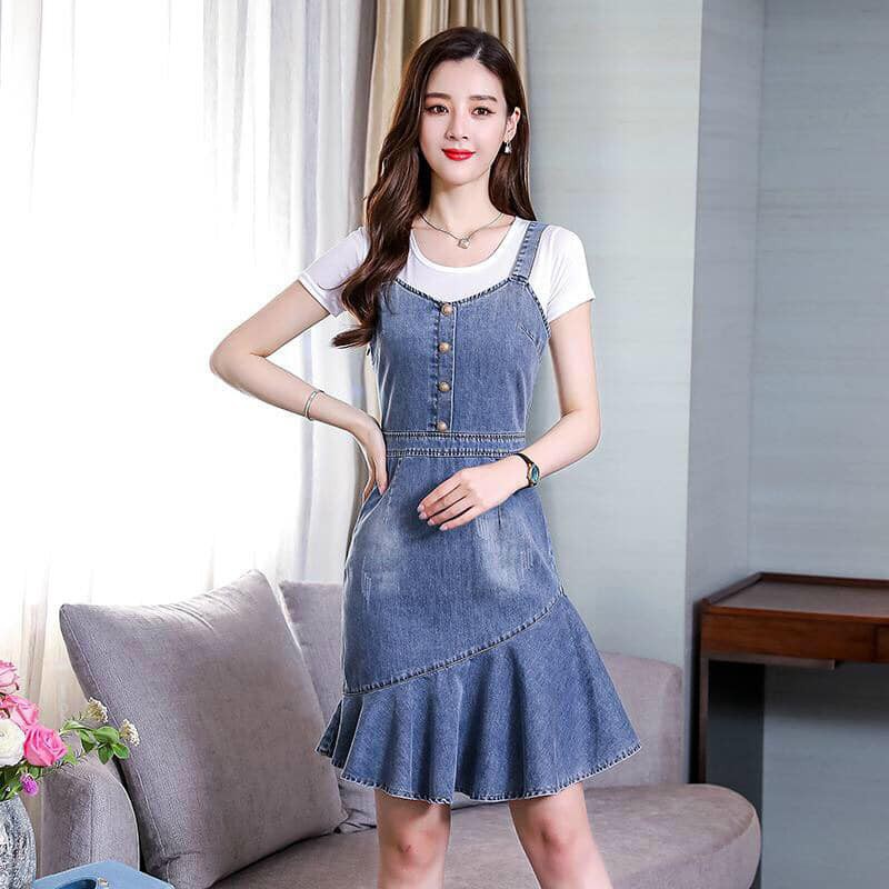 Set yếm jean đuôi cá kèm áo thun cao cấp