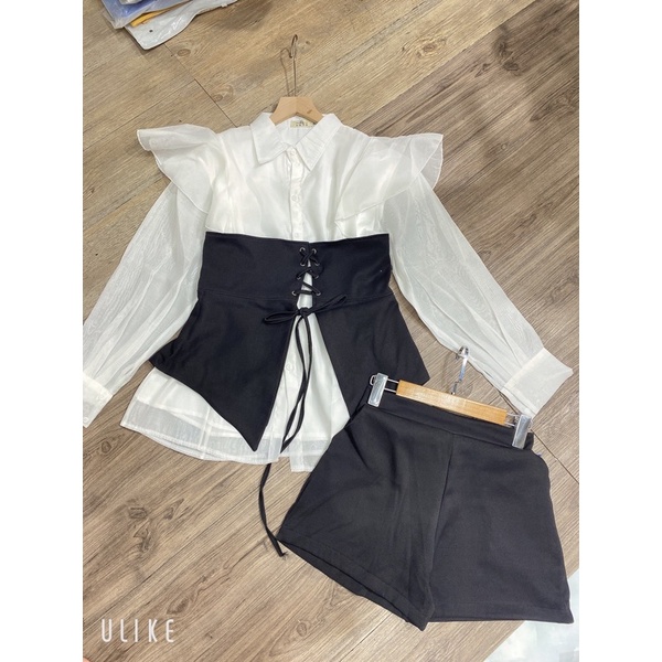 Set sơ mi tơ hàn 3 món có lót kèm áo đan oze quần short