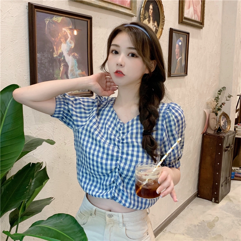 SUXI Áo Kiểu Tay Ngắn Hoạ Tiết Sọc Ca-Rô Cho Phái Nữ