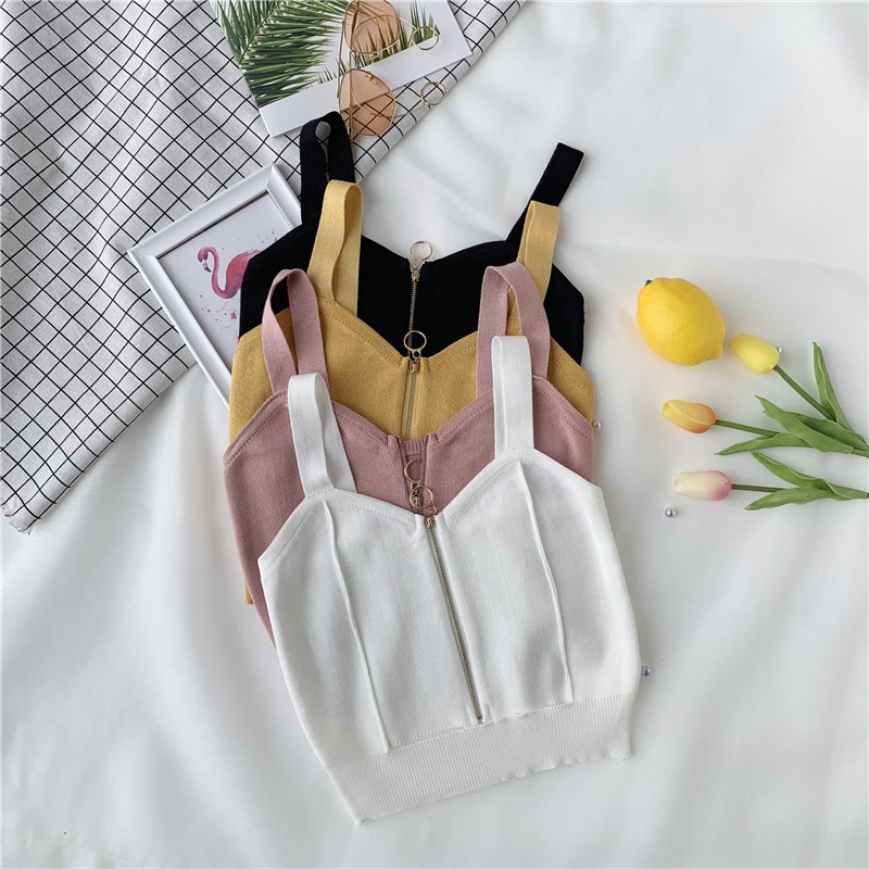 Áo Croptop dệt kim không tay phối khóa kéo | BigBuy360 - bigbuy360.vn