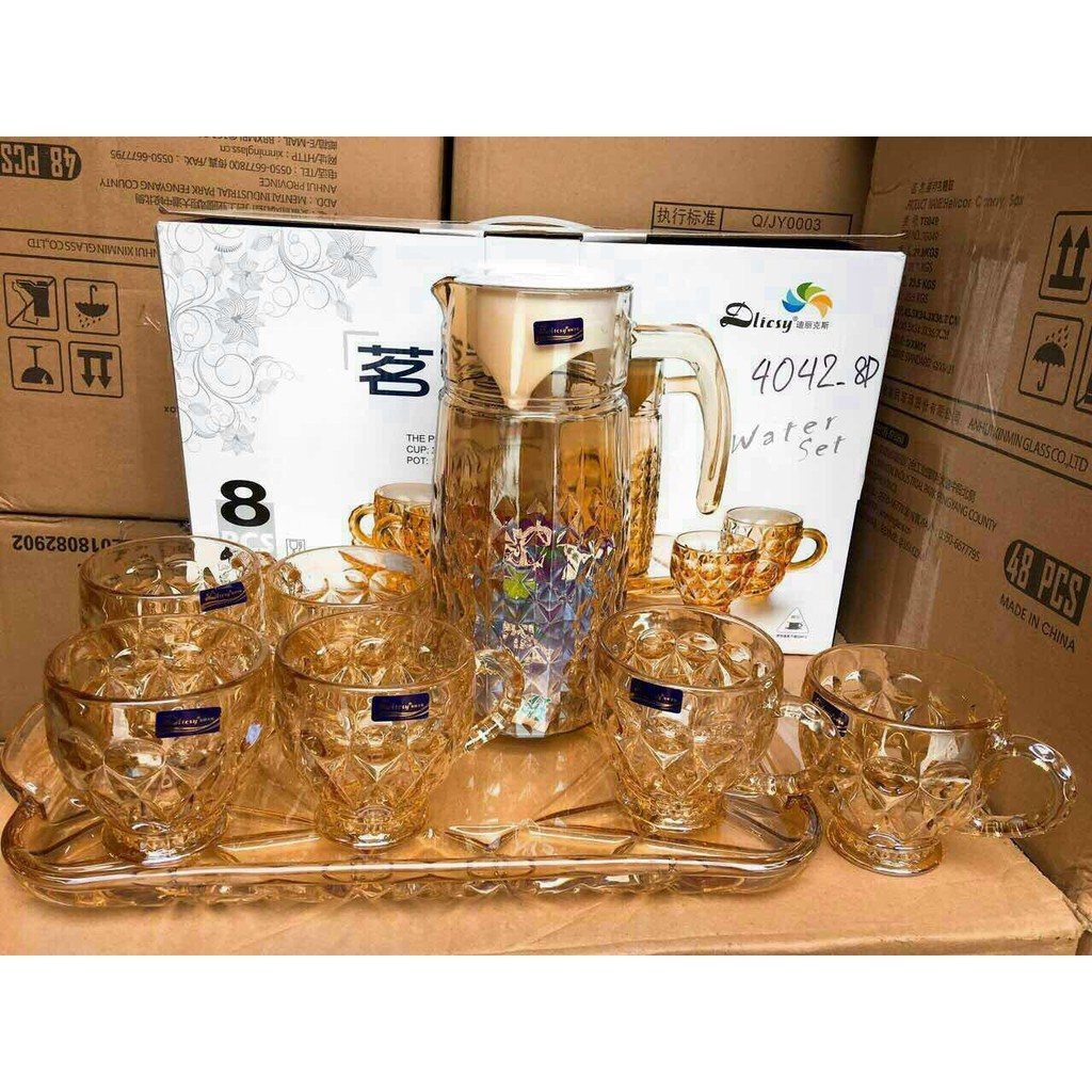 Bộ ly uống nước trà thủy tinh chịu nhiệt cao cấp gồm 6 cốc 1 khay và 1 bình nước