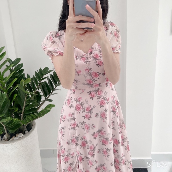 Đầm hoa nhún ngực tay phồng chất voan siêu sang xịn xò