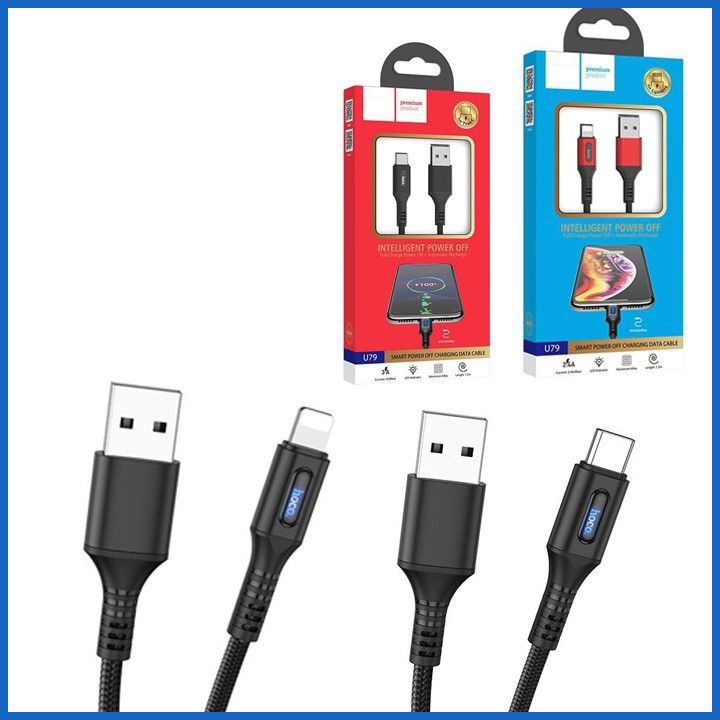 Cáp Sạc Nhanh Hoco U79 Tự Ngắt Thông Minh cho IP- Micro usb-Type C Dài 1.2M Bảo Hành 3 Tháng