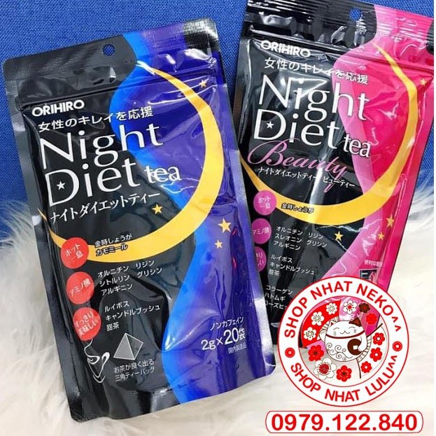 Trà túi lọc giảm cân đêm Nhật night diet orihiro 20 gói (xanh/hồng collagen)