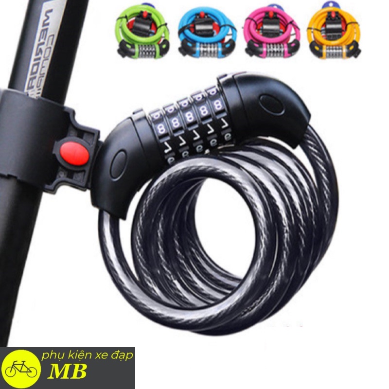 khóa dây 5 số đổi mã cao cấp cho xe đạp lõi cáp thép bọc nhựa nhiều màu sắc